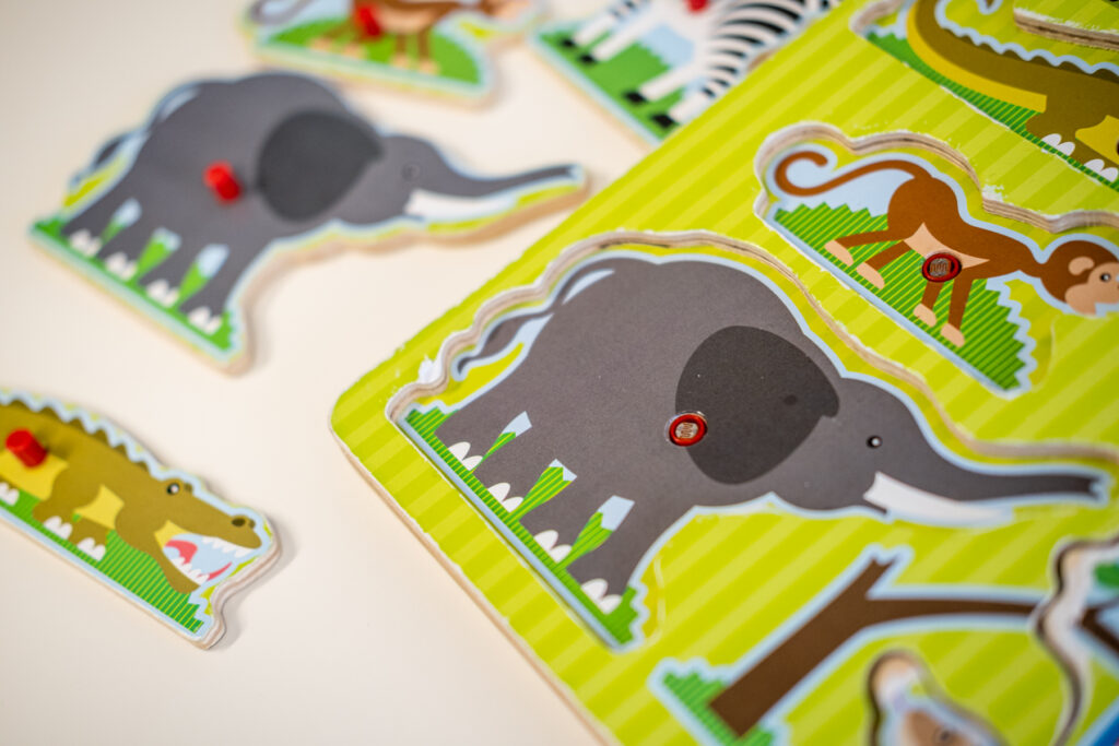 Colorful animal puzzles with various figures.