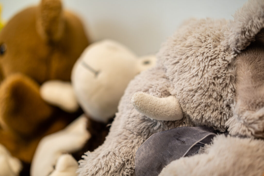 Stuffed animals in a playful arrangement.